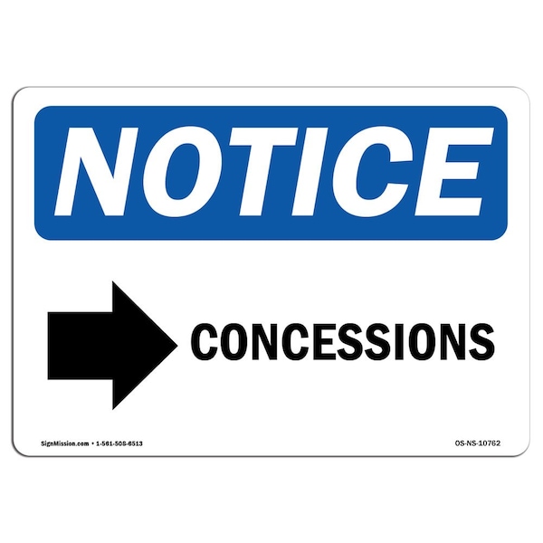 OSHA Notice Sign, 3.5" Height, Concessions (Right Arrow) Sign With Symbol, Landscape, 10PK